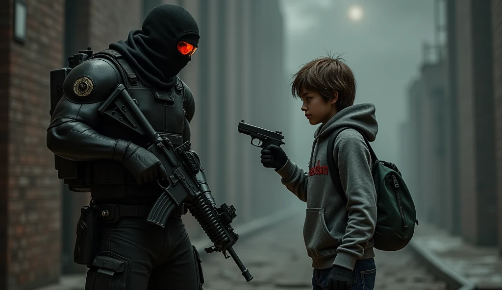 tall F.E.A.R. operative wearing black tactical balaclava and red googles holding assault rifle and standing with a young guy holding a pistol and wearing a hood with black shaggy hair, and brown eyes. His attire typically consists of a grey hoodie that features the word “freedom” written on the back, along with black fingerless gloves, black jeans, and black shoes. He also carries a navy green satchel bag. The background is creepy