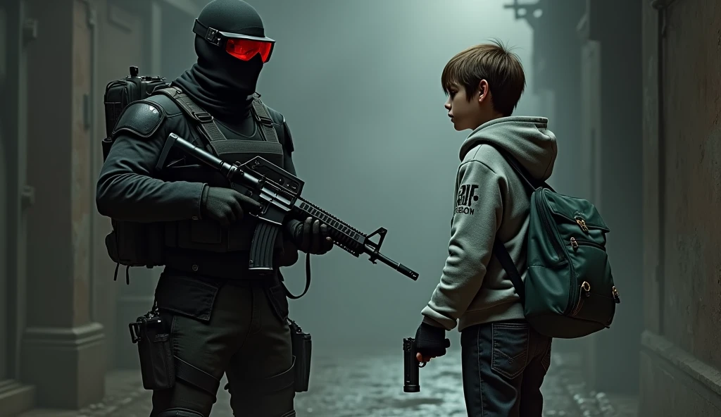 tall F.E.A.R. operative wearing black tactical balaclava and red googles holding assault rifle and standing with a young guy holding a pistol and wearing a hood with black shaggy hair, and brown eyes. His attire typically consists of a grey hoodie that features the word “freedom” written on the back, along with black fingerless gloves, black jeans, and black shoes. He also carries a navy green satchel bag. The background is creepy