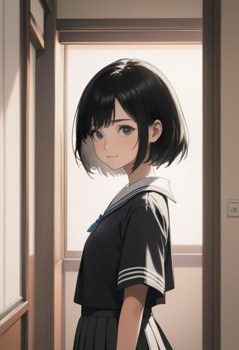 rough pencil drawing, monochrome, very beautiful Japanese girl, teen, straight short black hair, school uniform, standing tall, facing straight ahead, look at viewer, gentle smile, in room