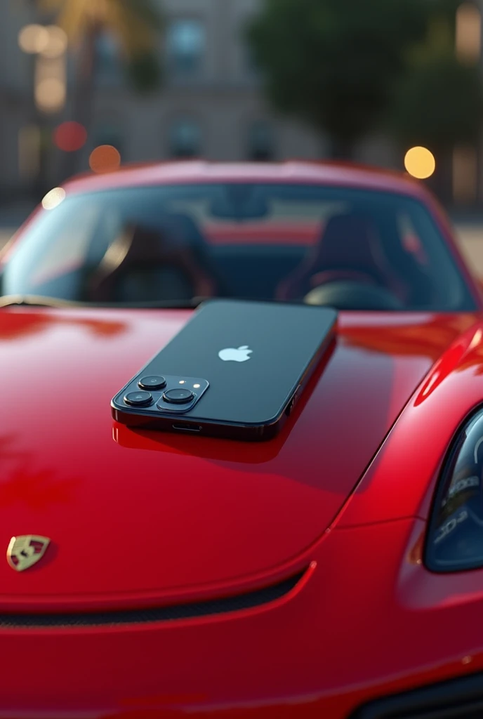 iPhone 15 pro Max on top of a red Porsche with blurred background
