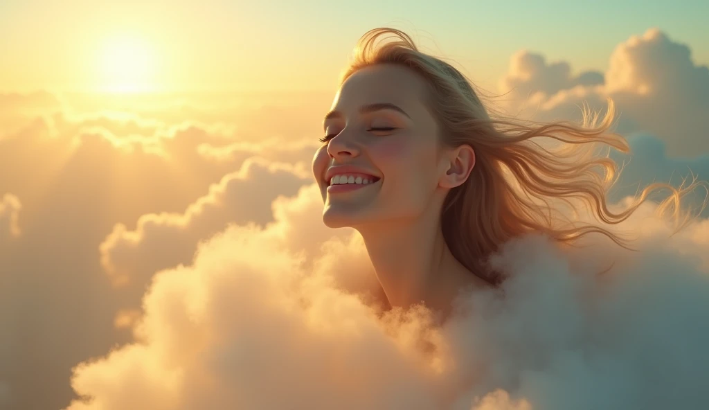 masterpiece, best quality, movie still, 1girl, cloud girl, floating in the sky, close-up, bright, happy, warm soft lighting, sunset,