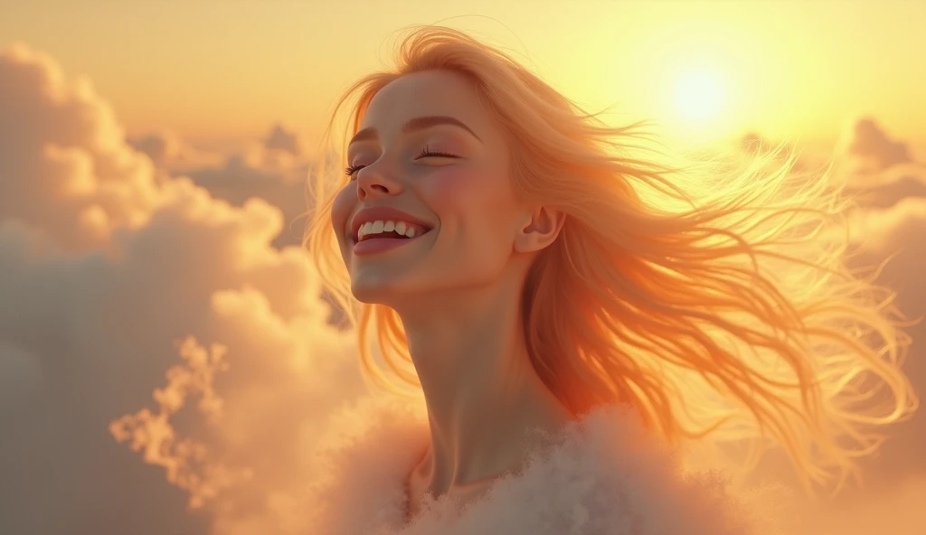 masterpiece, best quality, movie still, 1girl, cloud girl, floating in the sky, close-up, bright, happy, warm soft lighting, sunset,