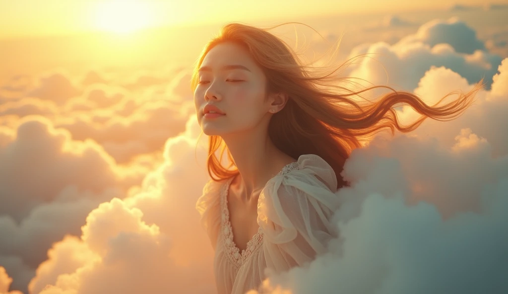 masterpiece, best quality, movie still, 1girl, cloud girl, floating in the sky, close-up, bright, happy, warm soft lighting, sunset,