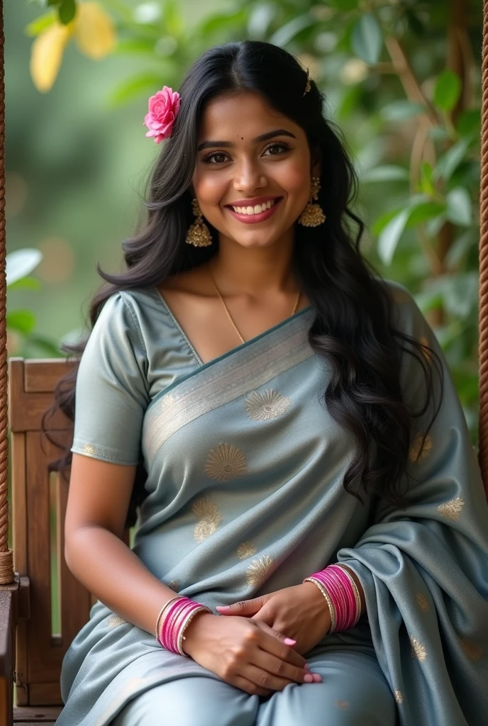 Close-up, 24 year old Indian woman, Fine grey silk saree, fat body, long hair, Sitting on a swing in a beautiful garden, ultra realistic, Realism,big breasts , split,Cute, charming, daytime,  Medium height, big eyes, Traditional Indian style saree, Pink bracelets on both hands., Rose flower in hair, hairpin, ambient lighting, Ideal Anatomy, detailed body and face, 8 K, masterpiece, RAW photo, Best quality, photorealistic, Extremely detailed CG Unity 8 K wallpaper, Noval Show, Most Beautiful smile, ((smile:1.2)), ((No need to bare your thighs)), (Showing big breast)