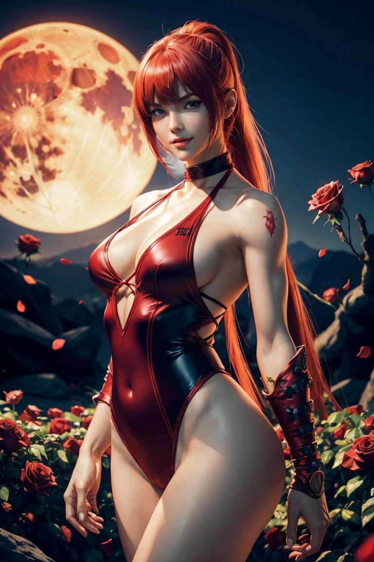KOF,King of Fighters,Shermie,Red hair,long hair,Long hair tied in a ponytail,Hide your eyes with bangs,Beautiful white skin,Photorealistic,Ultra HD,high quality,masterpiece,Digital SLR,Detailed details,Intricate details,Anatomical basis,Depicted in detail,A detailed face,Realistic skin texture,Vivid details,Perfect Anatomy,Perfect Anatomy,Anatomically correct hand,Anatomically correct fingers,Super Detail,Complex 3D rendering,Sexy pose,Red swimsuit,Fantasy worldview,Beautiful red sea,Beautiful Red Moon,Beautiful night sky,Petals of roses dance,Picturesque,Pink Lips,smile,