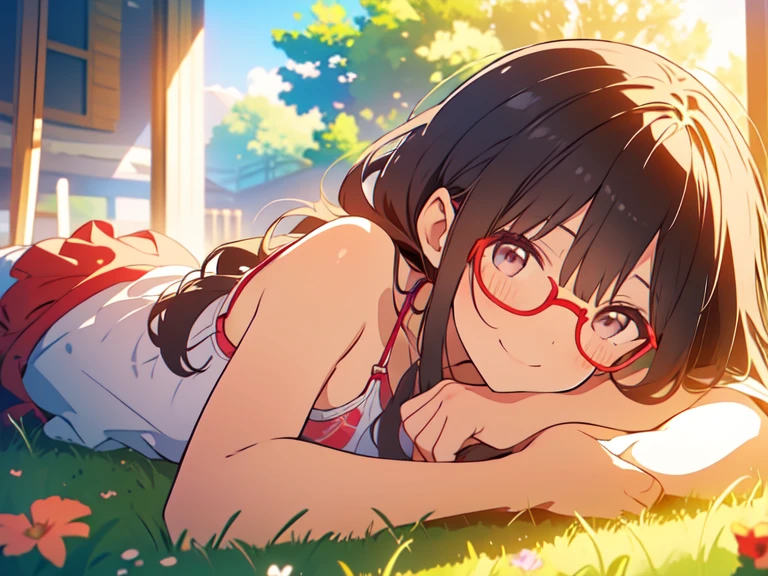 1girl,,brown hair,black eyes, red round eyewear, side ponytail, medium breasts, smile, blushful,
A peaceful summer afternoon with a young woman lying on a grassy field, smiling as she watches large, soft clouds drift slowly across the sky. The warm sunlight bathes her in a gentle glow, evoking deep, nostalgic feelings of youthful summers,