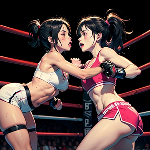 {they are striking each other's face by hard punch}, they are thrusting forward so powerfully. two {bloody}beautiful young female fighters are fighting by extreme bareknuckle boxing in the octagon fighting ring of underground arena with audience. A fierce exchange of dynamic punches. they are beating each other so hard. survival battle. whole body picture. they are covered in scars and bruises. they are damaged terribry. Short-cut black hair, out of breath, drooling from mouth, one eye is closed, exhausted, drenched in sweat. Erect nipples. open finger glove. Ragged white and pink lined sports bra, high leg panty, Stockings. armwarmers. small breasts, Whittled waistline, muscular, six-pack abs
