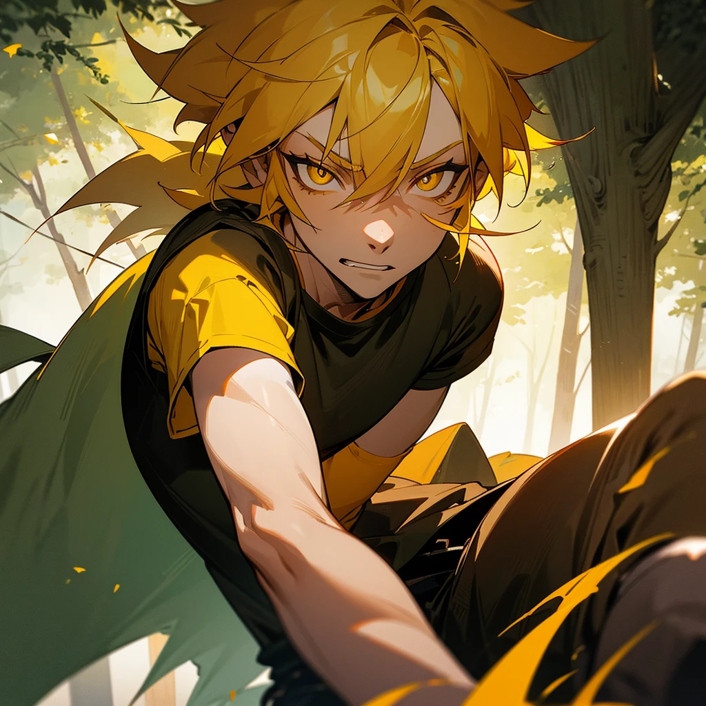 a werewolf with yellow hair and amber eyes and wounds on his body. In a bright clearing in the forest in a light T-shirt and short shorts