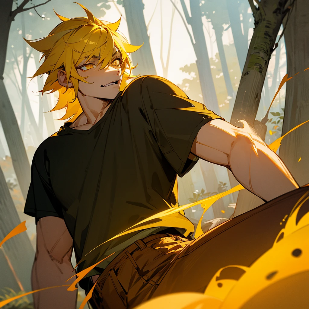 a werewolf with yellow hair and amber eyes and wounds on his body. In a bright clearing in the forest in a light T-shirt and short shorts