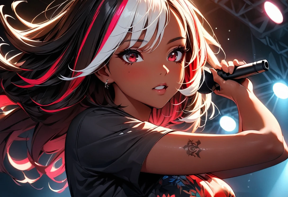 (highest quality:1.2, Very detailed, up to date, Vibrant, Ultra-high resolution, High Contrast, masterpiece:1.2, highest quality, Best aesthetics), Portraiture、girl、singer, solo, ((25-years-old:1)), Bright colors, Beautiful fine details、Beautiful lip detail、medium wave hair、red and white ((streaked hair:1.6)), highlights hair: 1.5, red eyes, slim body, medium breast, (tan skin:1.1), (Floral Fineline tattoo design on left arm:1), black t-shirts, jeans, holding vocal mike, singing, dynamic pose, Rehearsing for a concert:1, on stage, (upper body:1.5)