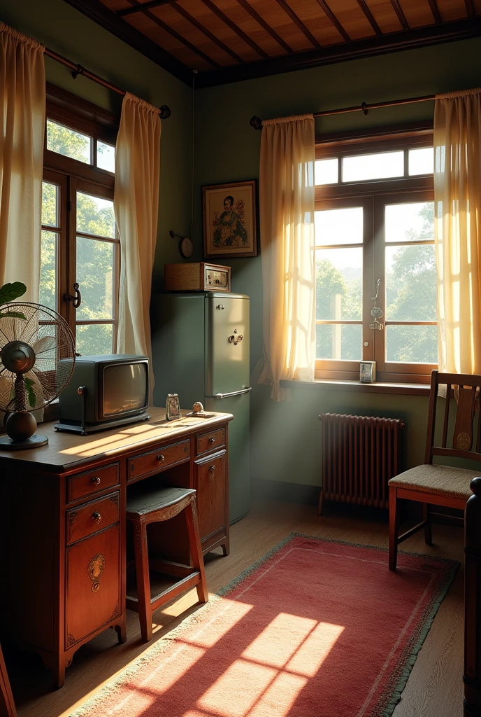 a photorealistic, ultra-detailed, high resolution 8k image of an old-fashioned bedroom with sunlight streaming in, an antique wooden desk with vintage items, an old-fashioned TV, radio, refrigerator, and fan, in a classic Chinese interior setting with a warm, nostalgic atmosphere
