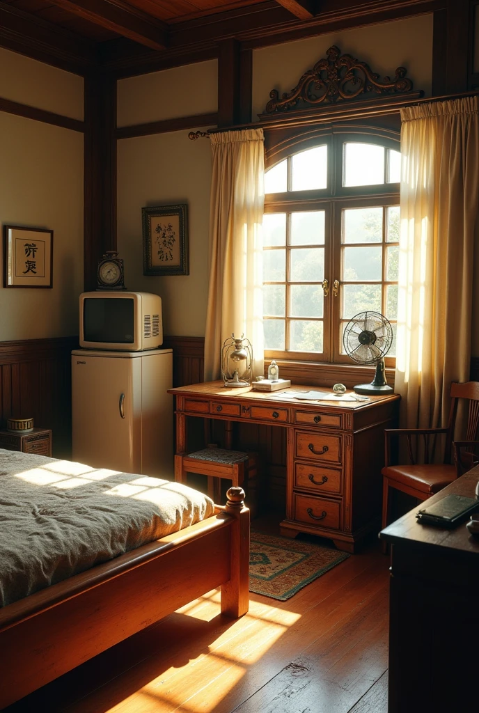 a photorealistic, ultra-detailed, high resolution 8k image of an old-fashioned bedroom with sunlight streaming in, an antique wooden desk with vintage items, an old-fashioned TV, radio, refrigerator, and fan, in a classic Chinese interior setting with a warm, nostalgic atmosphere