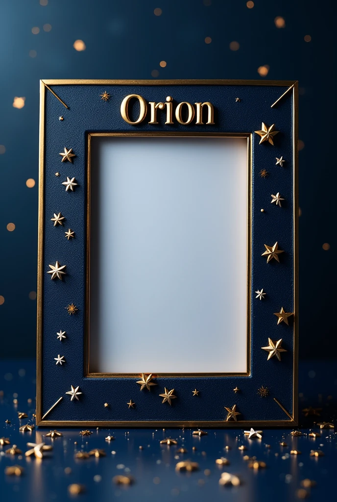 photo frame.
On the edge the word Orion with stars.
Navy blue and gold color Horizontal.