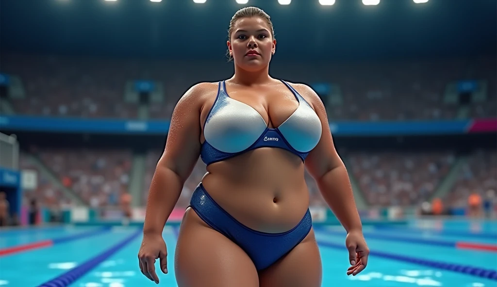 fat Olympic athlete,swaying breasts,fat Olympic　female　artistic swimming, podium,with Plump breasts, super breasts, huge breasts, big breasts,a large breasts, big breasts!, thicc,alluring plus sized model, voluptuous body