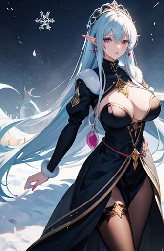 Anime, woman, long hair, pale blue hair, pink eyes, gently, earrings, big boob, wearing a black dress, beautiful, elegant, pure, fantasy, ice, snowflake, snow land, cool, noble, fur coat, elf, crystal, stay in stateroom,