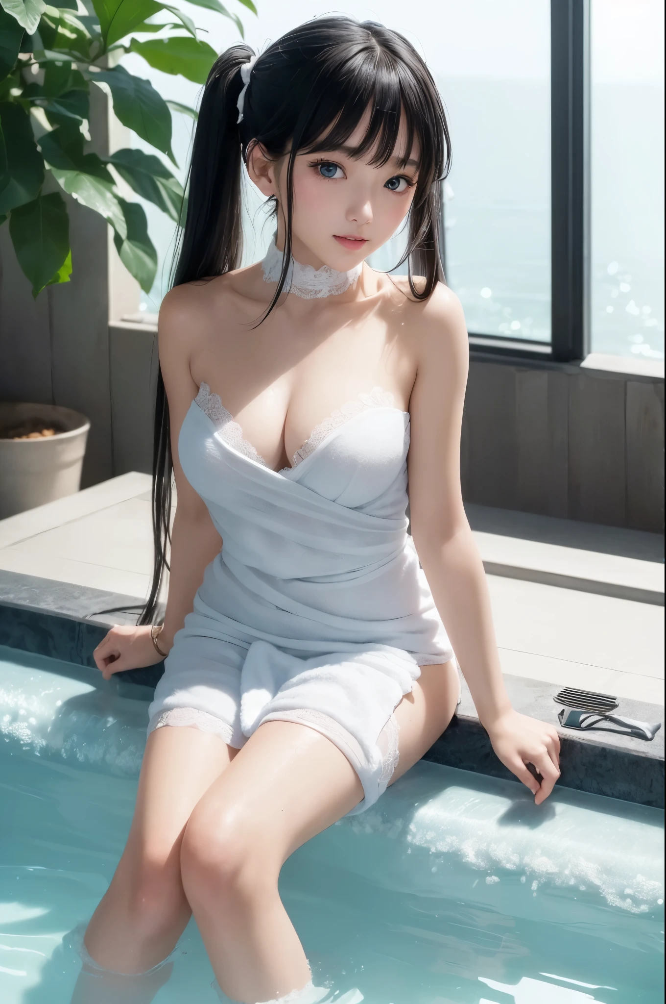 ((masterpiece)), ((highest quality、Ultra high definition)), (Very detailed),((8k、Photo quality))、((Amazingly cute girl))、(-yeld gi)、Two people, , (Beautiful emerald blue eyes), ((smile)),((A luxurious Japanese-style open-air bath at a high-class hotel)), Beautifully arranged black hair in twin tails、Slim Body、(Cute little breasts)、(((They are wearing a white bath towel wrapped around their body.)))、Professional Lighting、(White lace knee-highore detailed and beautiful)、(More details and cutenesore realistic)、((Just wear light clothing))、Frolic in the pool、(Too cute)、(The embodiment of cuteness)、(Godly cuteness)、((Night view))、((It seems visible but it's not))、