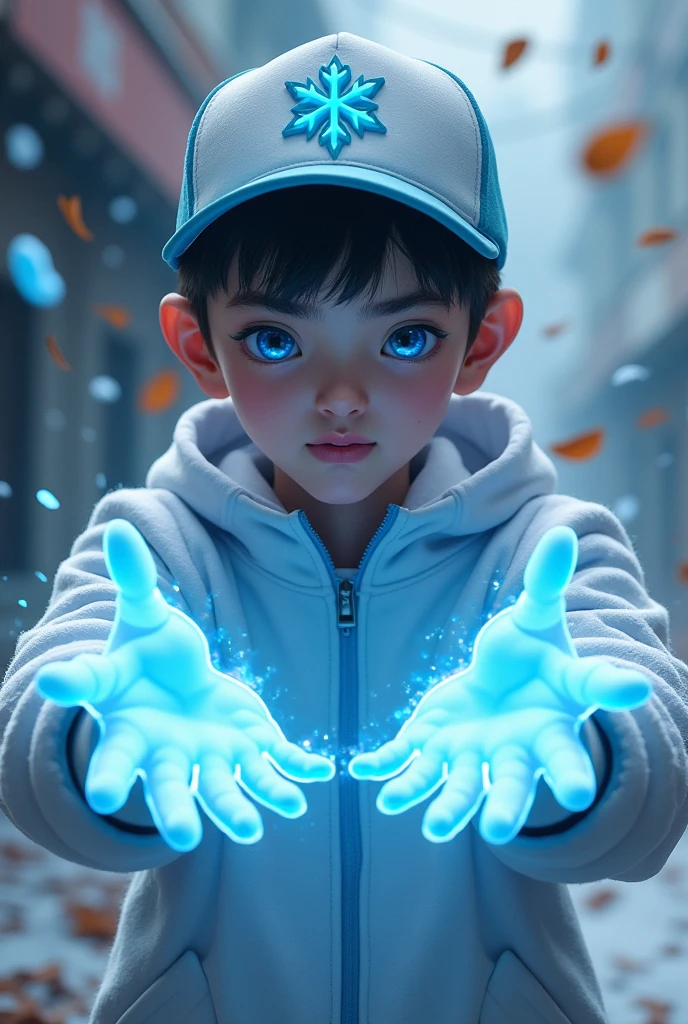 a young real . 17 Malaysiandonesia.(Blue eyes) Glowing eyes. . wearing an (white light blue ) zip-up shirt, (white light blue ) cap with small light blue (snowflake) logo. Enger face . Dramatic. White hoodie., detailed face, cinematic lighting, dramatic atmosphere,. Winter day. vibrant colors, 8k, high quality, photorealistic. Hero suit. Ice come from his hand. wear two big gaunlet made from ice . Glowing hand lightblue .white light blue , snow logo design . Very strong. Future design dress. Very epic. Very cool background.. dark sky. Very snow day. Wind very strong . Flying dry leave everywhere.