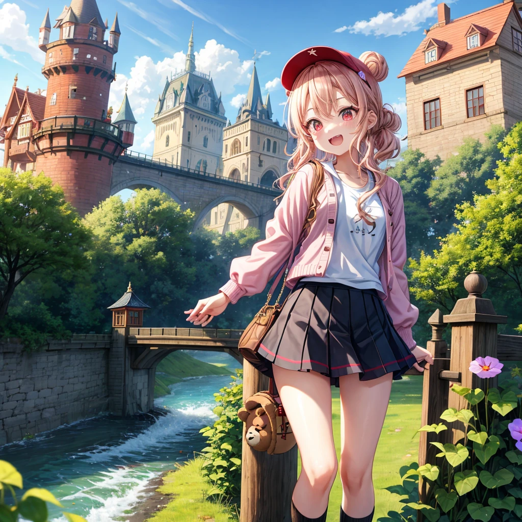 Pink Blonde、Red eyes、Wavy Hair、Hair tied up、Two cute、Checked mini skirt、black t-shirts、cardigan、Knee-high socks、bear ears baseball cap、Teeth are visible、Monster Castle、Tilting face、crossing the bridge、hazakura、windmill、grass、Stones are growing out of the ground.、A teddy bear is walking、Morning glory is blooming.、In front of the city gates、clock、Underground tunnels