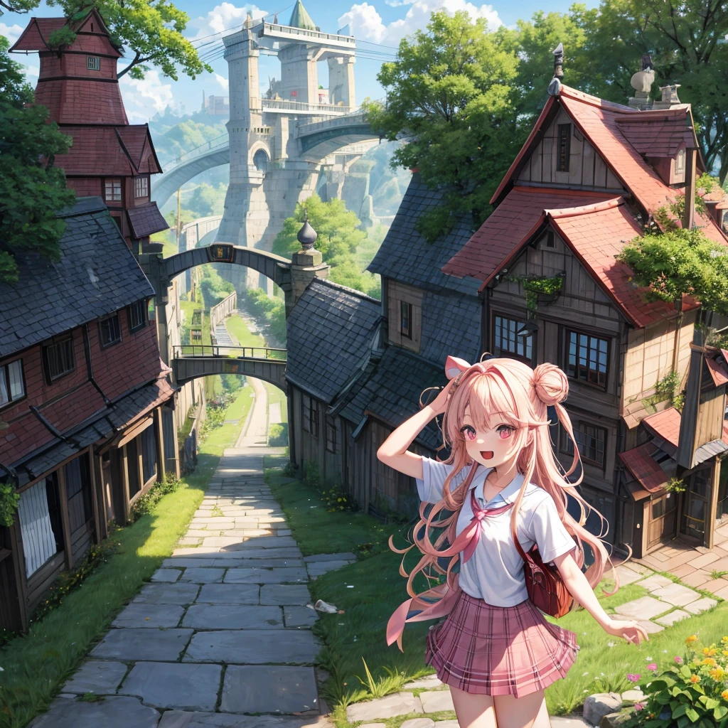 Pink Blonde、Red eyes、Wavy Hair、Hair tied up、Two cute、Checked mini skirt、black t-shirts、cardigan、Knee-high socks、bear ears baseball cap、Teeth are visible、Monster Castle、Tilting face、crossing the bridge、hazakura、windmill、grass、Stones are growing out of the ground.、A teddy bear is walking、Morning glory is blooming.、In front of the city gates、clock、Underground tunnels