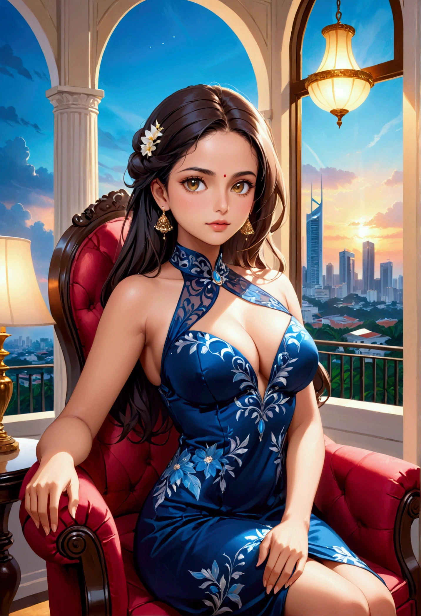 best quality,4k,8k,highres,masterpiece:1.2),ultra-detailed,(realistic,photorealistic,photo-realistic:1.37),srilankan 25 year old girl, with attractive facial features,beautiful detailed eyes,beautiful detailed lips,extremely detailed eyes and face,longeyelashes, fair skin tone. big breasts. is seated gracefully on a plush chair beside a round, polished table at a prestigious luxury hotel in Colombo. The woman is wearing a sophisticated evening dress, radiating confidence and poise. The background features grand chandeliers, ornate decor, and large windows offering a glimpse of Colombo's cityscape and blue sky at dusk. with soft lighting casting a warm glow over the scene