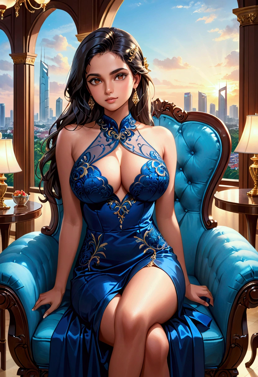 best quality,4k,8k,highres,masterpiece:1.2),ultra-detailed,(realistic,photorealistic,photo-realistic:1.37),srilankan 25 year old girl, with attractive facial features,beautiful detailed eyes,beautiful detailed lips,extremely detailed eyes and face,longeyelashes, fair skin tone. big breasts. is seated gracefully on a plush chair beside a round, polished table at a prestigious luxury hotel in Colombo. The woman is wearing a sophisticated evening dress, radiating confidence and poise. The background features grand chandeliers, ornate decor, and large windows offering a glimpse of Colombo's cityscape and blue sky at dusk. with soft lighting casting a warm glow over the scene