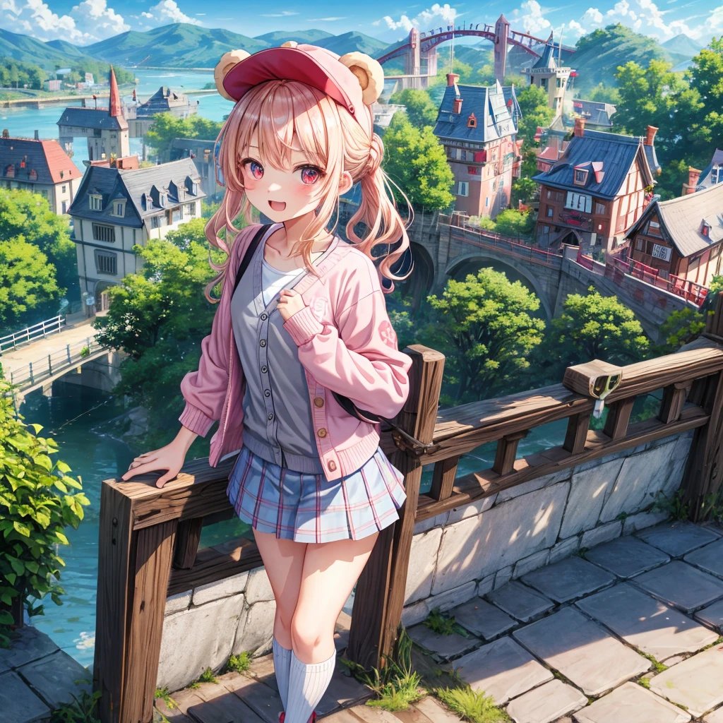 Pink Blonde、Red eyes、Wavy Hair、Hair tied up、Two cute、Checked mini skirt、black t-shirts、cardigan、Knee-high socks、bear ears baseball cap、Teeth are visible、Monster Castle、Tilting face、crossing the bridge、hazakura、windmill、grass、Stones are growing out of the ground.、A teddy bear is walking、Morning glory is blooming.、In front of the city gates、clock、Underground tunnels