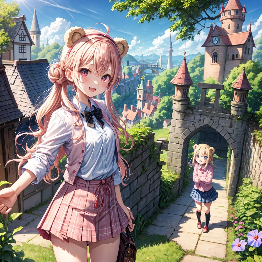 Pink Blonde、Red eyes、Wavy Hair、Hair tied up、Two cute、Checked mini skirt、black t-shirts、cardigan、Knee-high socks、bear ears baseball cap、Teeth are visible、Monster Castle、Tilting face、crossing the bridge、hazakura、windmill、grass、Stones are growing out of the ground.、A teddy bear is walking、Morning glory is blooming.、In front of the city gates、clock、Underground tunnels
