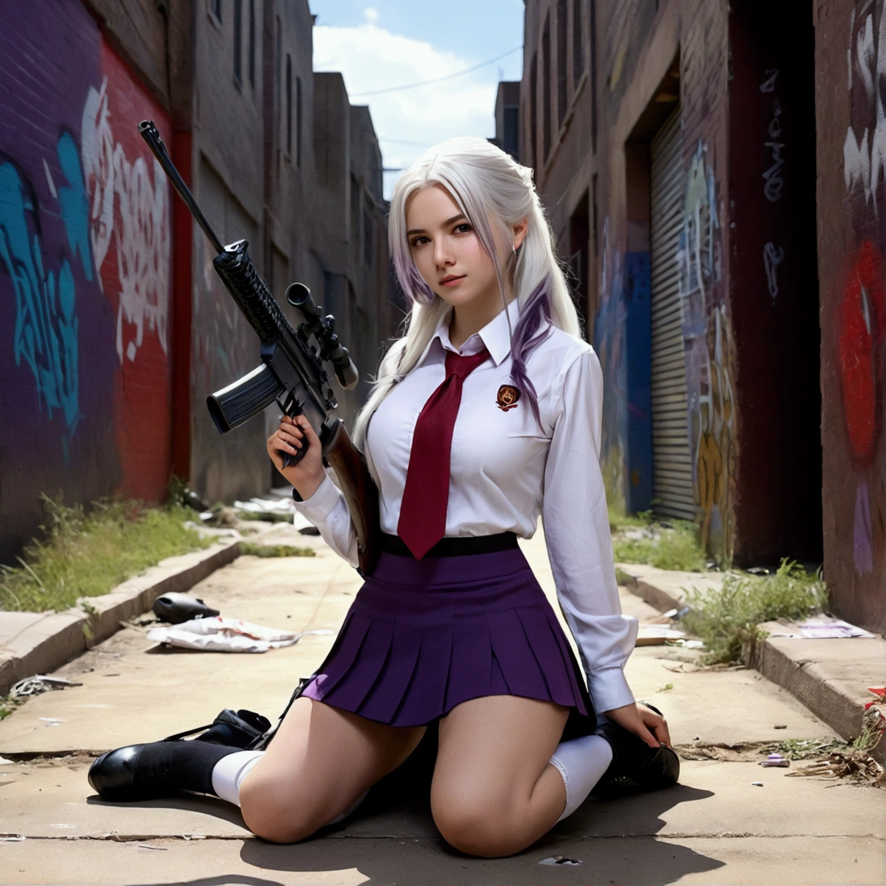 a realistic photo, uhd photo realistic, hyper detailed, high definition, 8k, a young girl, around 2, long white hair with purple highlights, the wind blows in her hair giving an effect of volume, features of her hyper fine face and detailed, a slight sadistic smile emerges, she is wearing a white and red schoolgirl outfit, a pleated mini skirt, a slightly open blouse reveals her 95D chest, she is on one knee on the ground, she is holding a rifle in her hands of sniper, she looks innocent but determined, this scene is hyper detailed to push the realistic to the maximum, in the background an alley with graffiti on the walls, masterpiece, nsfw