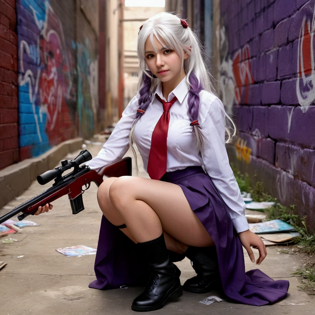 a realistic photo, uhd photo realistic, hyper detailed, high definition, 8k, a young girl, around 2, long white hair with purple highlights, the wind blows in her hair giving an effect of volume, features of her hyper fine face and detailed, a slight sadistic smile emerges, she is wearing a white and red schoolgirl outfit, a pleated mini skirt, a slightly open blouse reveals her 95D chest, she is on one knee on the ground, she is holding a rifle in her hands of sniper, she looks innocent but determined, this scene is hyper detailed to push the realistic to the maximum, in the background an alley with graffiti on the walls, masterpiece, nsfw