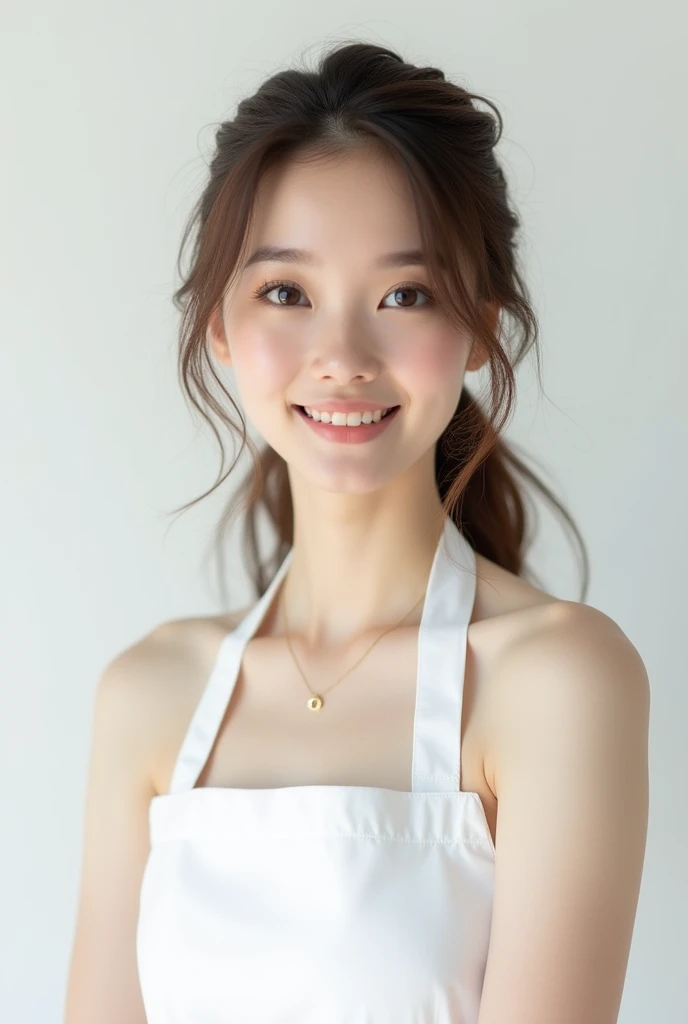 (Highest quality、Tabletop、8k、Best image quality、Award-winning works)、1. pretty girl、(Naked and wearing only a white apron:1.4)、(The perfect pure white apron:1.4)、Perfect girl portrait photo、Glowing Skin、Brown Hair、(Accentuate your body lines:1.1)、Standing Elegantly、(Face close-up:1.3)、Woman looking up at me、Cute Smile、(The simplest solid white background:1.5)