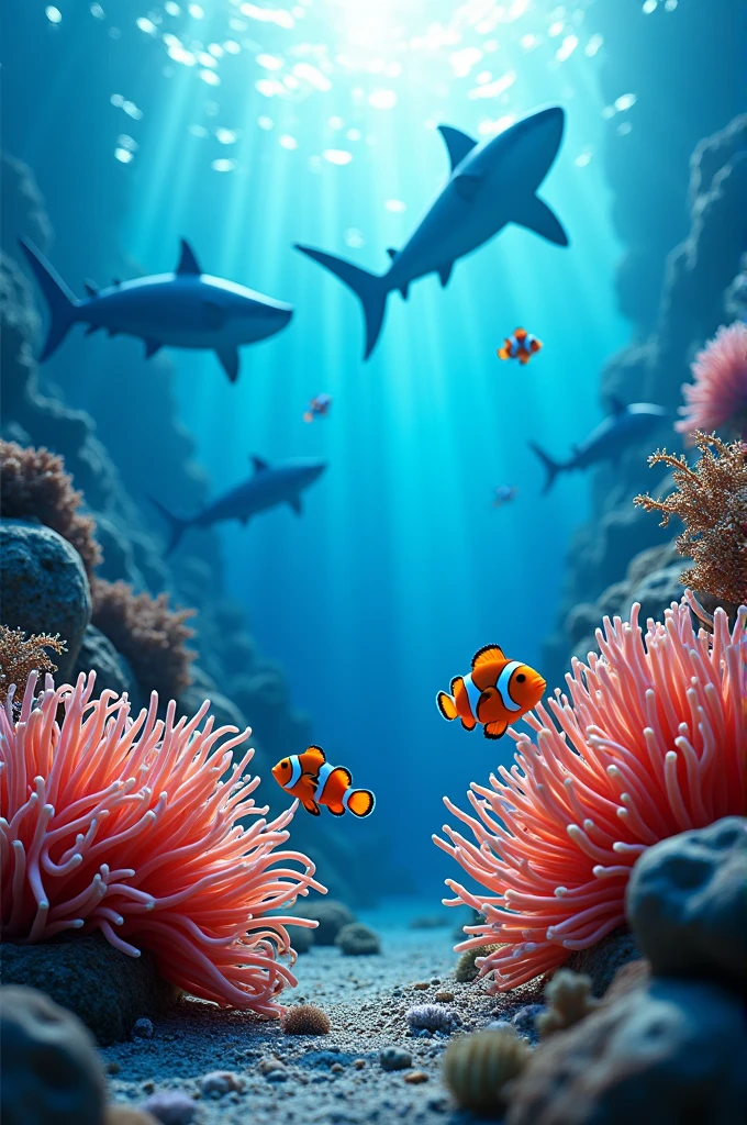Clownfish hide in anemone,
Bright and orange, oh so free,
Sharks are strong and mighty too,
Gliding through the waters blue