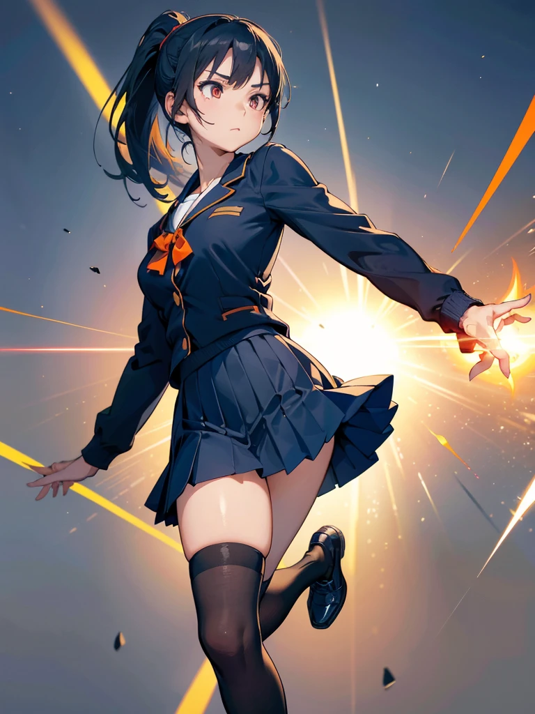 one person, Karate Stance,High Kick,Black Hair, ponytail, Slim body,Small breasts,Bad mood, Slanted Eyes, Character profile, high school student,Navy blue blazer,White blouse,Orange bow ribbon tie,Grey below-the-knee skirt,Vanishing Point, Ultra Wide Angle, Japanese illustration style, 