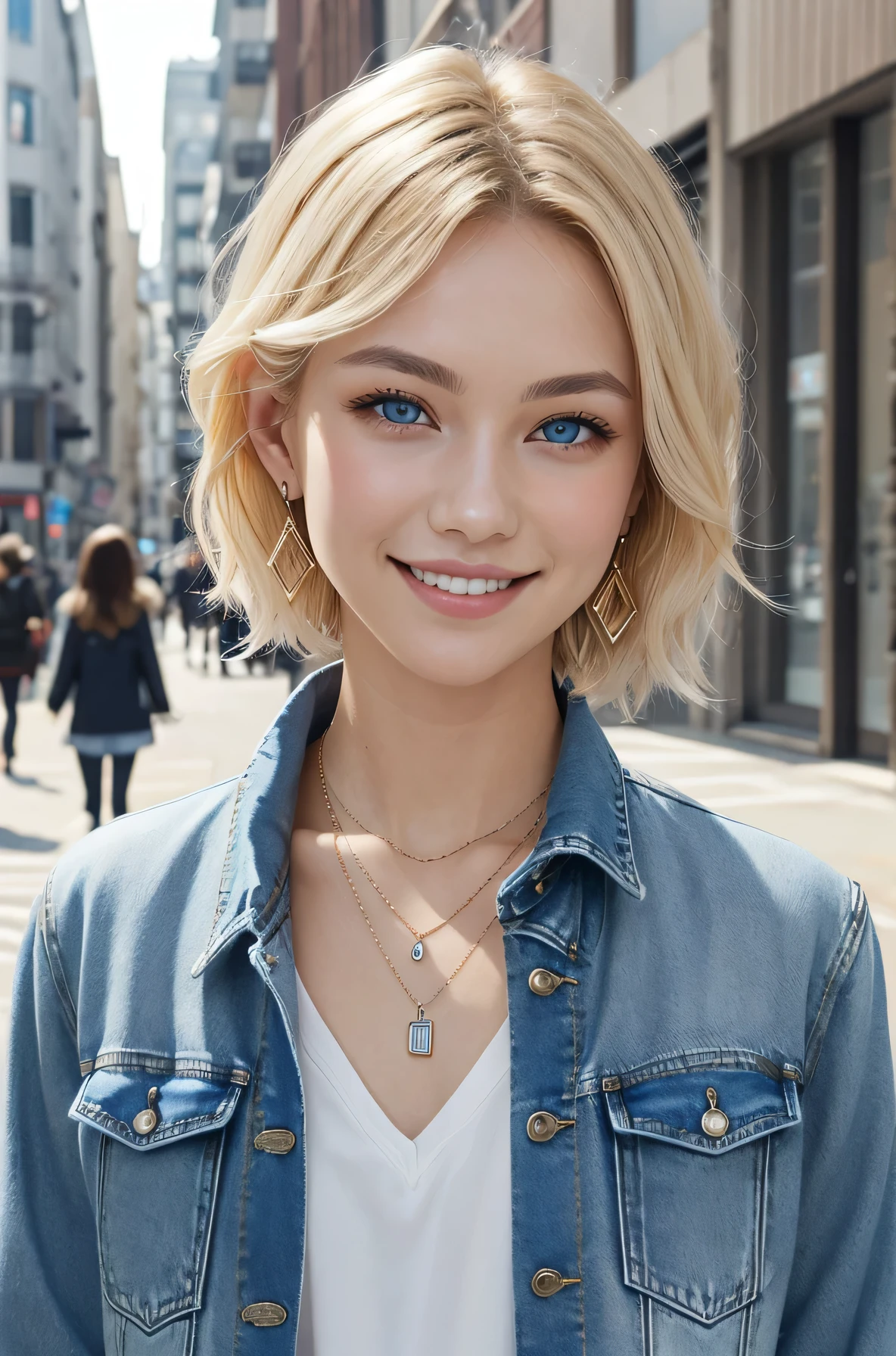 Pure white beauty、Blonde、short hair、、blue eyes、smile、Denim jacket、shirt、View your audience, Earrings, necklace, _background,City streets

