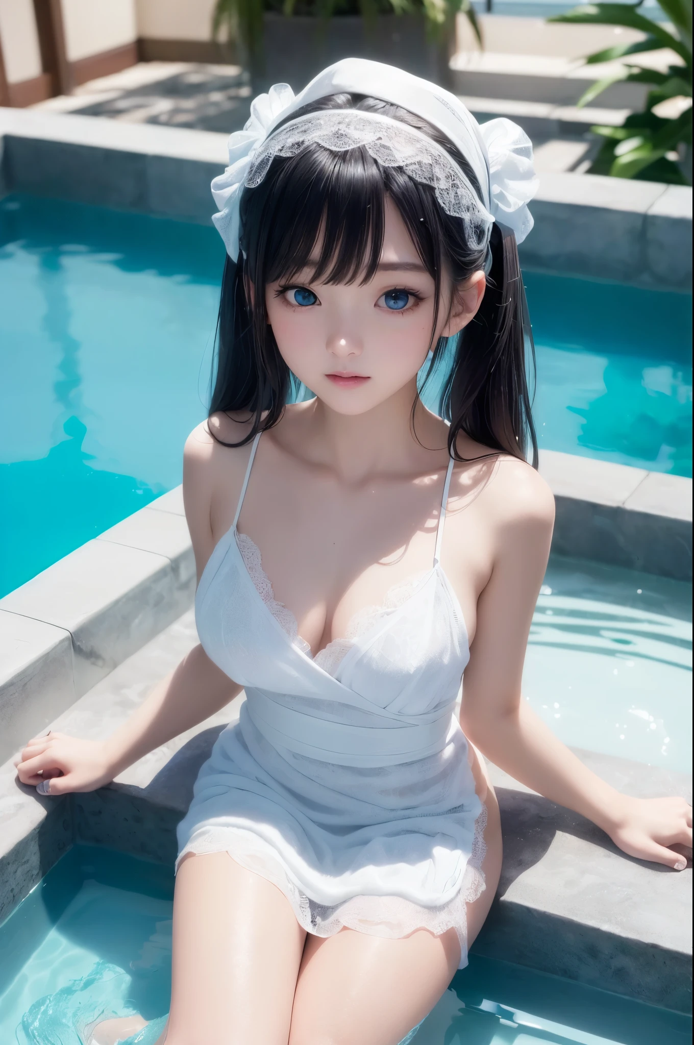 ((masterpiece)), ((highest quality、Ultra high definition)), (Very detailed),((8k、Photo quality))、((Amazingly cute girl))、(****************,)、Two people, , (Beautiful emerald blue eyes), ((smile)),((A luxurious Japanese-style open-air bath at a high-class hotel)), Beautifully arranged black hair in twin tails、Slim Body、(Cute little breasts)、(((They are wearing a white bath towel wrapped around their body.)))、Professional Lighting、(White lace knee-highore detailed and beautiful)、(More details and cutenesore realistic)、((Just wear light clothing))、Frolic in the pool、(Too cute)、(The embodiment of cuteness)、(Godly cuteness)、((Night view))、((It seems visible but it&#39;s not))、