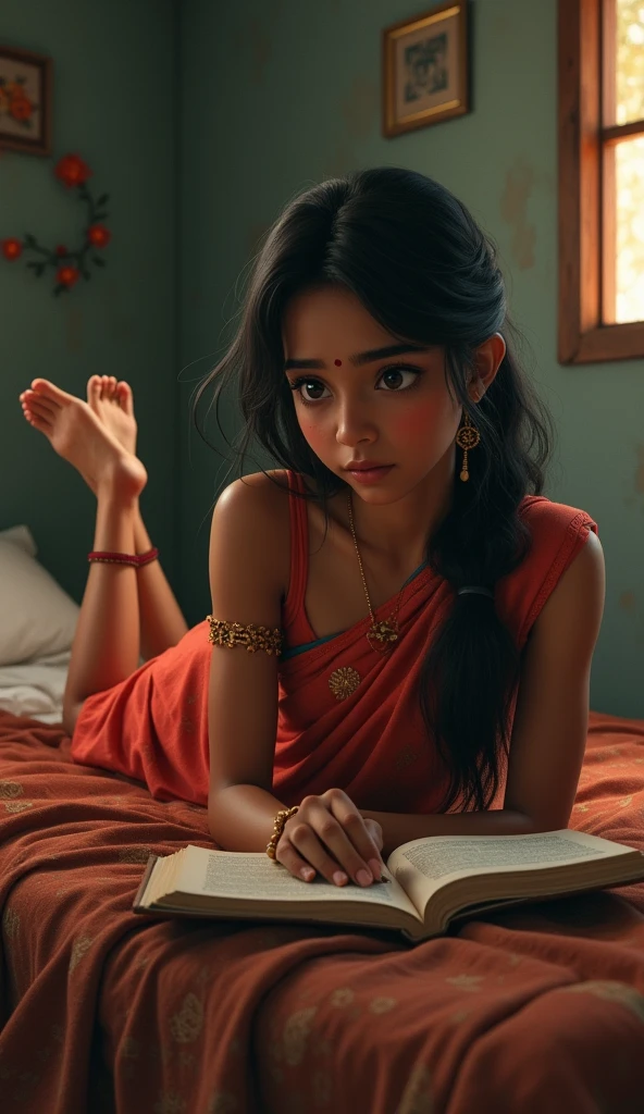 "Create a scene of an Indian girl in her early 30s, sitting comfortably on her bed in a cozy bedroom. Describe the ambiance, her attire, and the sense of relaxation or activity that characterizes this moment."