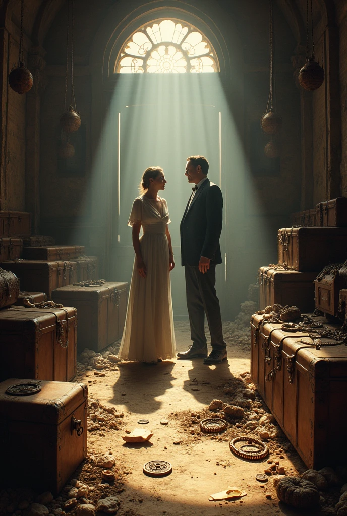 Treasure Room Discovery: The hidden room is revealed with dusty chests and ancient treasures. Amelia and Mr. Thompson stand in awe as they look at the jewelry, old coins, and a letter inside one of the chests.