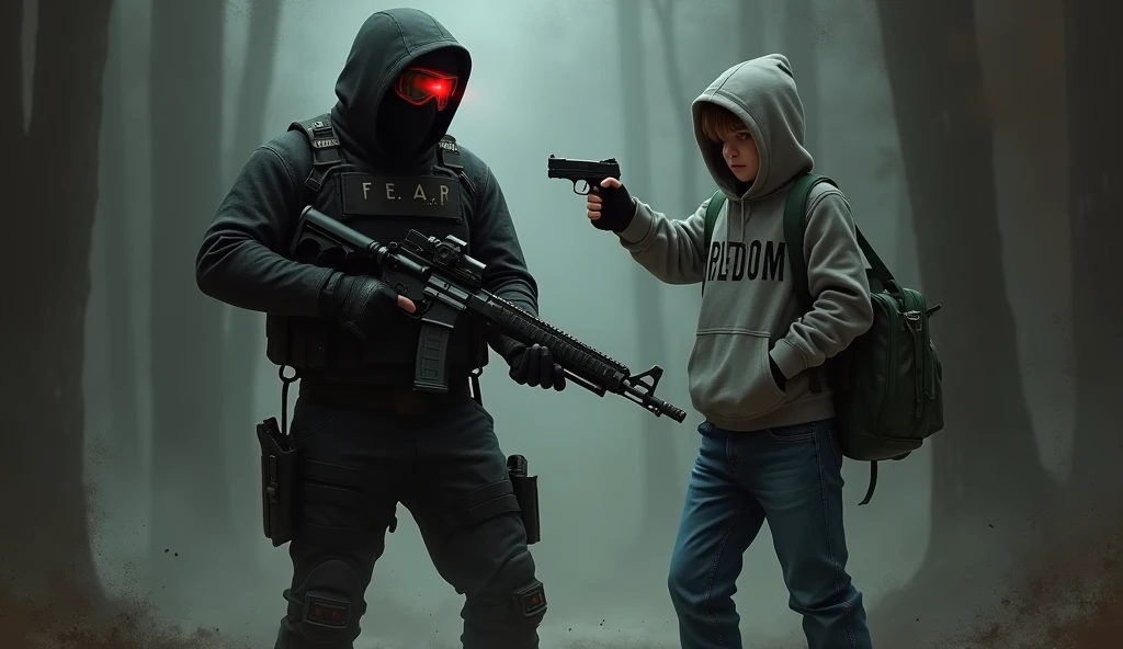 tall F.E.A.R. operative wearing black tactical balaclava and red googles holding assault rifle and standing with a young guy holding a pistol and wearing a hood with black shaggy hair, and brown eyes. His attire typically consists of a grey hoodie that features the word “freedom” written on the back, along with black fingerless gloves, black jeans, and black shoes. He also carries a navy green satchel bag. The background is creepy