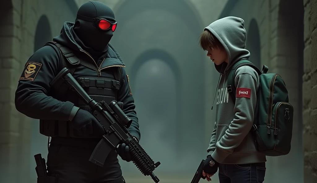 tall F.E.A.R. operative wearing black tactical balaclava and red googles holding assault rifle and standing with a young guy holding a pistol and wearing a hood with black shaggy hair, and brown eyes. His attire typically consists of a grey hoodie that features the word “freedom” written on the back, along with black fingerless gloves, black jeans, and black shoes. He also carries a navy green satchel bag. The background is creepy