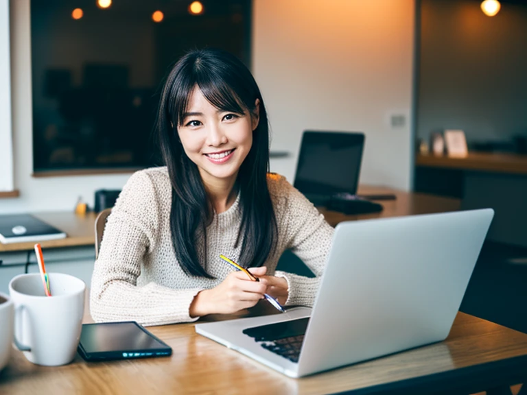 A Japanese woman in her 30s who is active in business,One person, High resolution, smile,Black Hair,laptop,desk,White Office,Don&#39;t emphasize the body,,