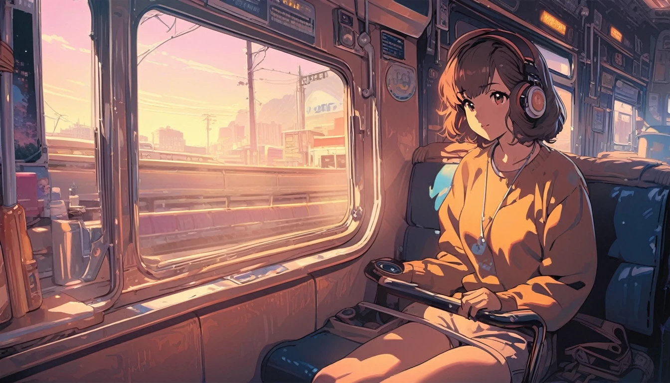 (extremely detailed CG unity 8k wallpaper), (best quality), (best illustration), (best shadow), realistic lighting, beautiful detailed reglow, masterpiece, best quality, lofi artstyle, lofi art, 80s anime style, Retro, Lo-Fi, 1girl, solo, short hair, brown hair, sitting, window, headphones, ground vehicle, train interior, anime