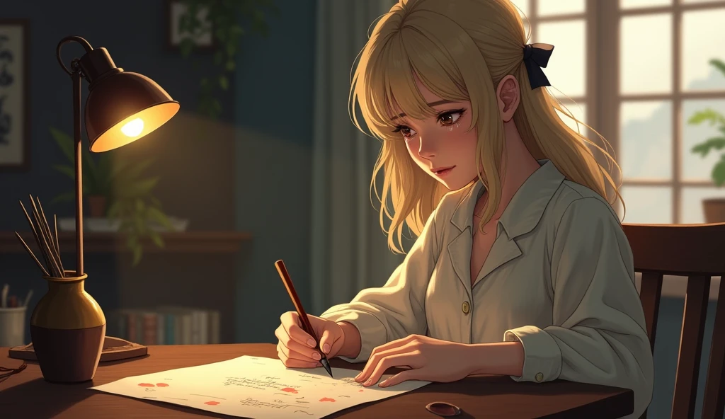 A teenage girl,Yellow hair,Learning in the library,Study at your desk,Cutes,focus-on,casual,Sun'rays,Lazy --auto