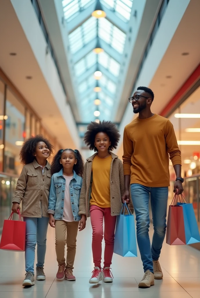 generate a photo of a black man with his beautiful half cast family of wife and brown four kids two girls and two boys doing shopping in a mall while pushing trolley
