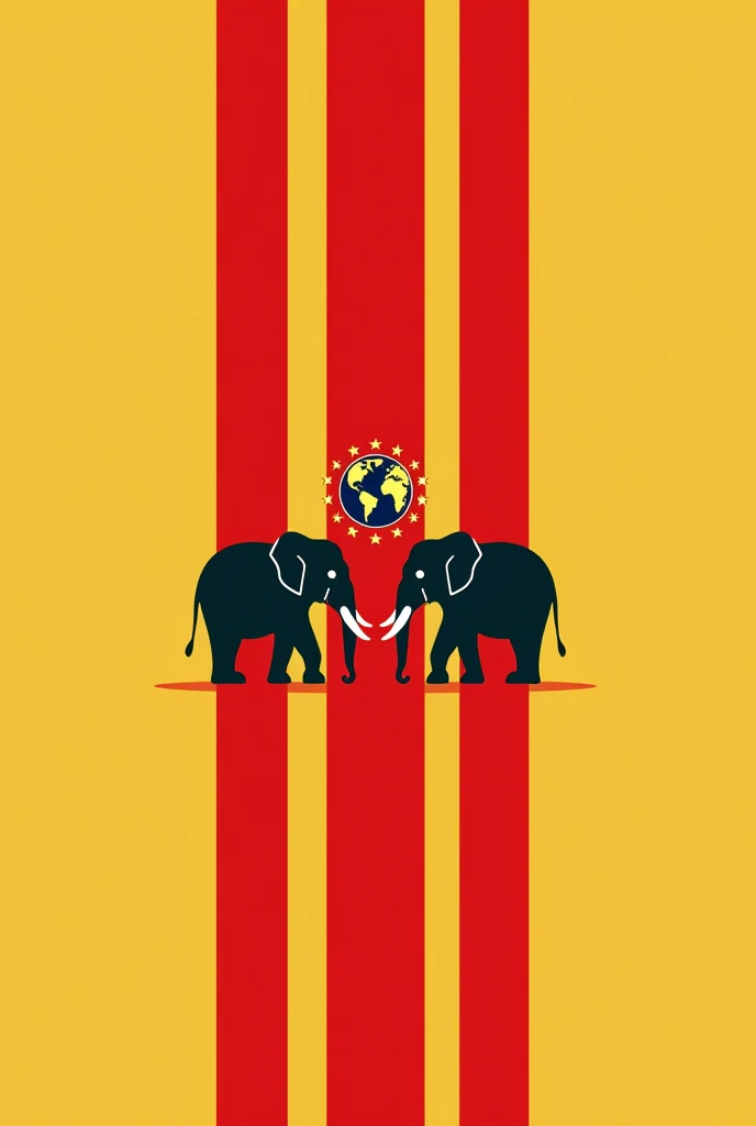Design a minimalist flag for a Tamil political party with three vertical stripes: red at the top and bottom, and yellow in the middle. In the center, depict two abstract elephants facing each other, symbolizing strength and unity. Between the elephants, create a globe formed by stars, representing global presence and aspirations. The design should be simple and symbolic, reflecting Tamil cultural pride with a strong, modern, and abstract aesthetic.