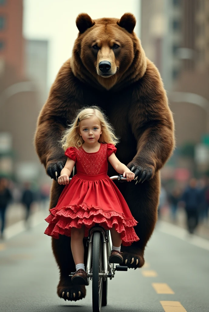 Newspaper photo\(realistic big bear pedaling bicycle, beautiful innocent blonde girl\(in red frilly dress\) sitting backwards on back of bicycle, feeling adolescent, at urban side, color photo\)