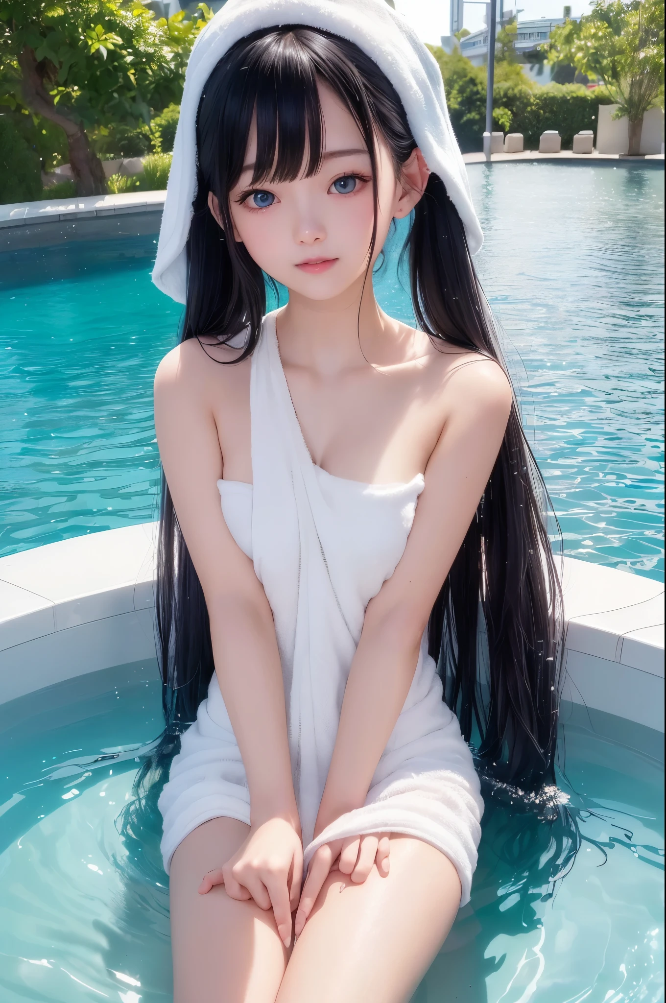 ((masterpiece)), ((highest quality、Ultra high definition)), (Very detailed),((8k、Photo quality))、((Amazingly cute girl))、(****************,)、Two people, , (Beautiful emerald blue eyes), ((smile)),((A luxurious Japanese-style open-air bath at a high-class hotel)), Beautifully arranged black hair in twin tails、Slim Body、(Cute little breasts)、(((They are wearing a white bath towel wrapped around their body.)))、Professional Lighting、(White lace knee-highore detailed and beautiful)、(More details and cutenesore realistic)、((Just wear light clothing))、Frolic in the pool、(Too cute)、(The embodiment of cuteness)、(Godly cuteness)、((Night view))、((It seems visible but it&#39;s not))、