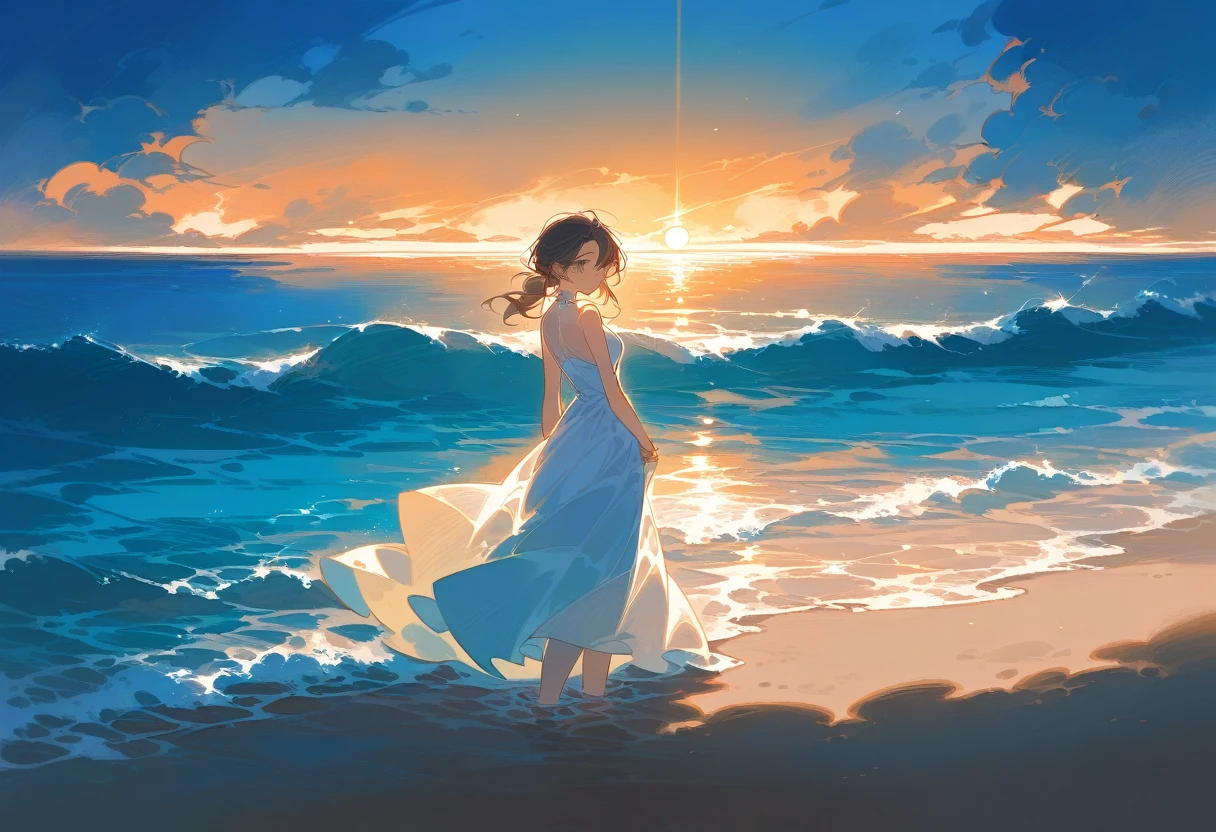 A serene beach scene at twilight with soft pastel colors filling the sky. In the foreground, a woman in a light blue and white dress stands on the sand, gazing toward the horizon where the calm sea meets the sky. The woman’s dress features flowing fabric and an ornate brooch at the chest, exuding a sense of calm and reflection. Her hands are clasped behind her back, and her hair is styled in a simple, elegant updo. The coastline curves gently, leading the viewer’s eye to the distant shore. The sand beneath her feet is smooth, with faint footprints leading from the distance, and the waves gently lap against the shore. The atmosphere is tranquil and contemplative, with soft light from the setting sun casting a warm glow over the scene.
