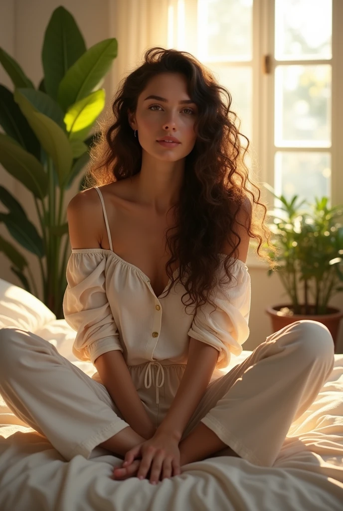 (photorealism:1.2), beautiful woman, sitting on bed, wearing loose off-shoulder top, pajama pants, long curly hair, indoors, soft lighting, plants in background, window with sunlight, cozy room, relaxed pose, realistic, intricate details, warm colors, by Greg Rutkowski, by Alphonse Mucha
