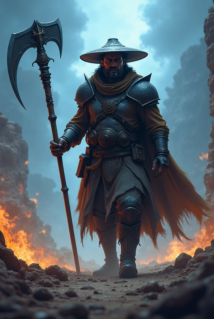 "Create a realistic and intense image of a warrior named FarmMasteR, depicted with a head that resembles the drawing provided, including the hat, facial features, and mustache. The warrior should be holding a large scythe, representing his farming background. The character should be dressed in traditional medieval desert armor, with a unique and fearsome presence. The background should depict a war-torn desert battlefield with a blue tone, filled with flames, smoke, and destruction to enhance the intense atmosphere. The lighting should be dramatic, emphasizing FarmMasteR's powerful and unique appearance. The name 'FarmMasteR' should be prominently displayed in bold, cinematic font, ensuring it is clearly visible and integrated into the design."
