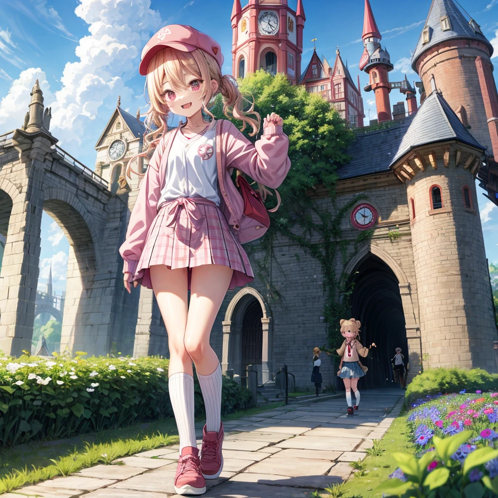 Pink Blonde、Red eyes、Wavy Hair、Hair tied up、Two cute、Checked mini skirt、black t-shirts、cardigan、Knee-high socks、bear ears baseball cap、Teeth are visible、Monster Castle、Tilting face、crossing the bridge、hazakura、windmill、grass、Stones are growing out of the ground.、A teddy bear is walking、Morning glory is blooming.、In front of the city gates、clock、Underground tunnels