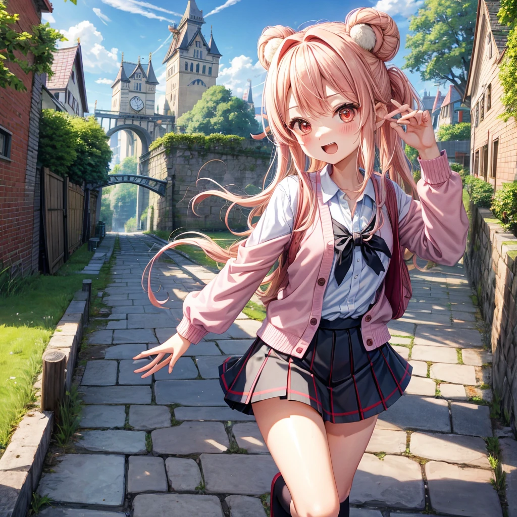 Pink Blonde、Red eyes、Wavy Hair、Hair tied up、Two cute、Checked mini skirt、black t-shirts、cardigan、Knee-high socks、bear ears baseball cap、Teeth are visible、Monster Castle、Tilting face、crossing the bridge、hazakura、windmill、grass、Stones are growing out of the ground.、A teddy bear is walking、Morning glory is blooming.、In front of the city gates、clock、Underground tunnels